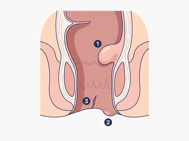 איור של חתך תעלת פי הטבעת: 1 — טחור פנימי, כרית בתוך התעלה; 2 — טחור חיצוני, נפיחות מתחת לעור בפתח; 3 — פיסורה, סדק קטן ברירית